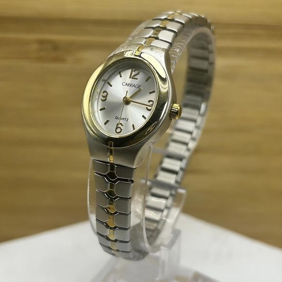 Carriage Ladies Quartz Watch 21mm Oval Silver/Gold Tone Stretch Band - Picture 1 of 5